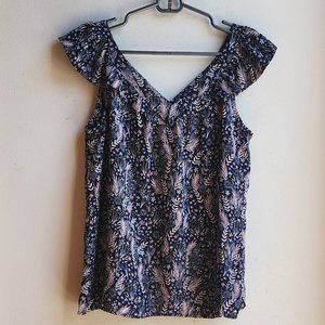 LOFT Floral V-Neck Ruffled Sleeveless Blouse Size Petite Medium